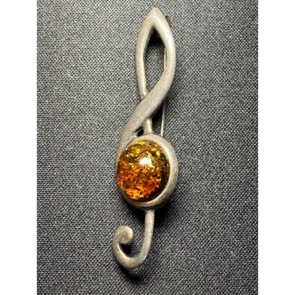 925 Silver Amber Cabachon Treble Clef Brooch